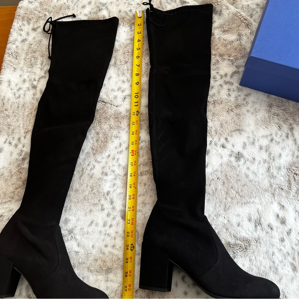 NIB Stuart Weitzman TIELAND Over Knee Suede Black Thigh High Boots w Heel Sz 8.5 - Picture 13 of 16